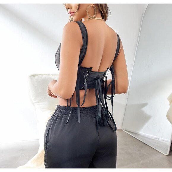 Women Black Renaissance Lace Up Tank Bustier Corset Top Vintage Square Neck - Picture 2 of 8